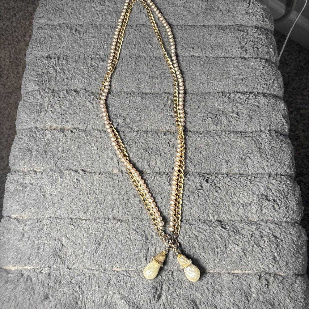VTG SARAH COVENTRY Signed Baroque Faux Pearl Gold Tone Double Chain Necklace 30" - Picture 2 of 6